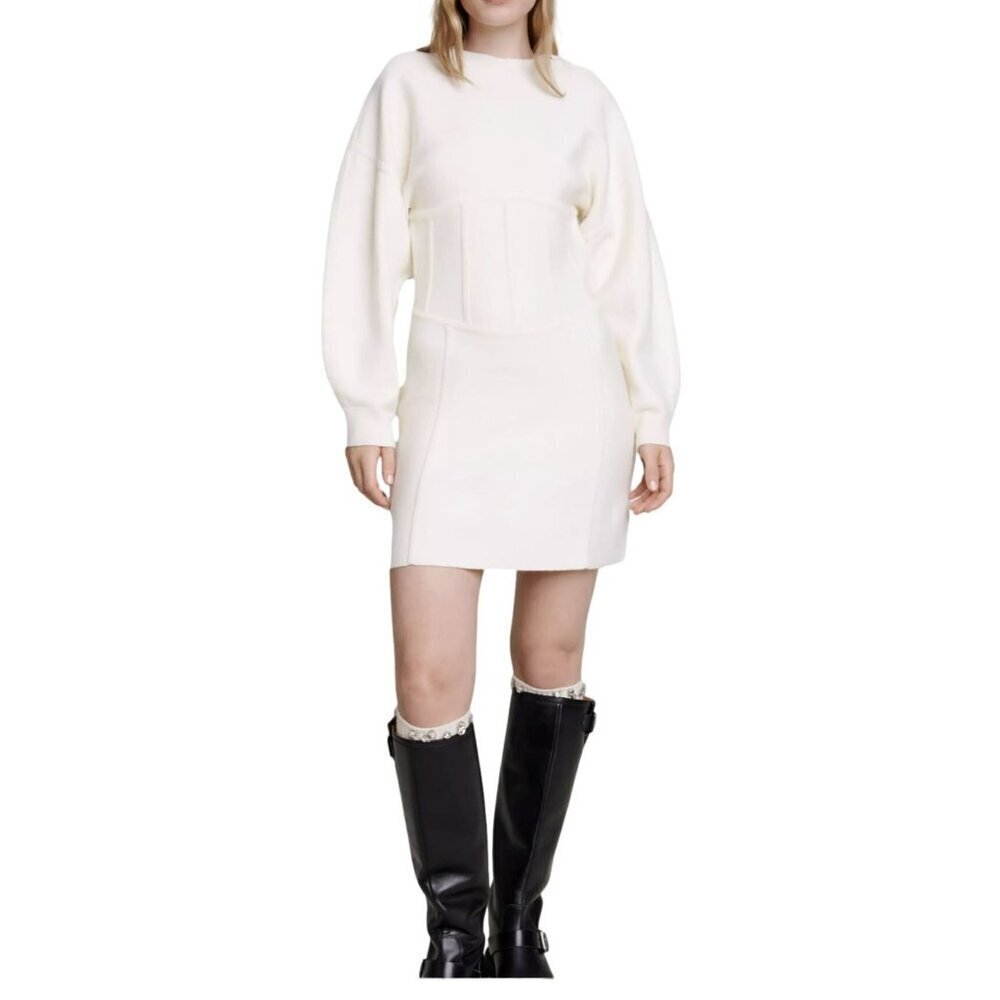 Maje $445 Corset Cream Jumper Dress Gold Buttons Long Sleeve Mini Size 40 Large
